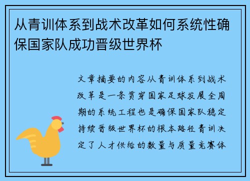 从青训体系到战术改革如何系统性确保国家队成功晋级世界杯 从青训体系到战术改革如何系统性确保国家队成功晋级世界杯